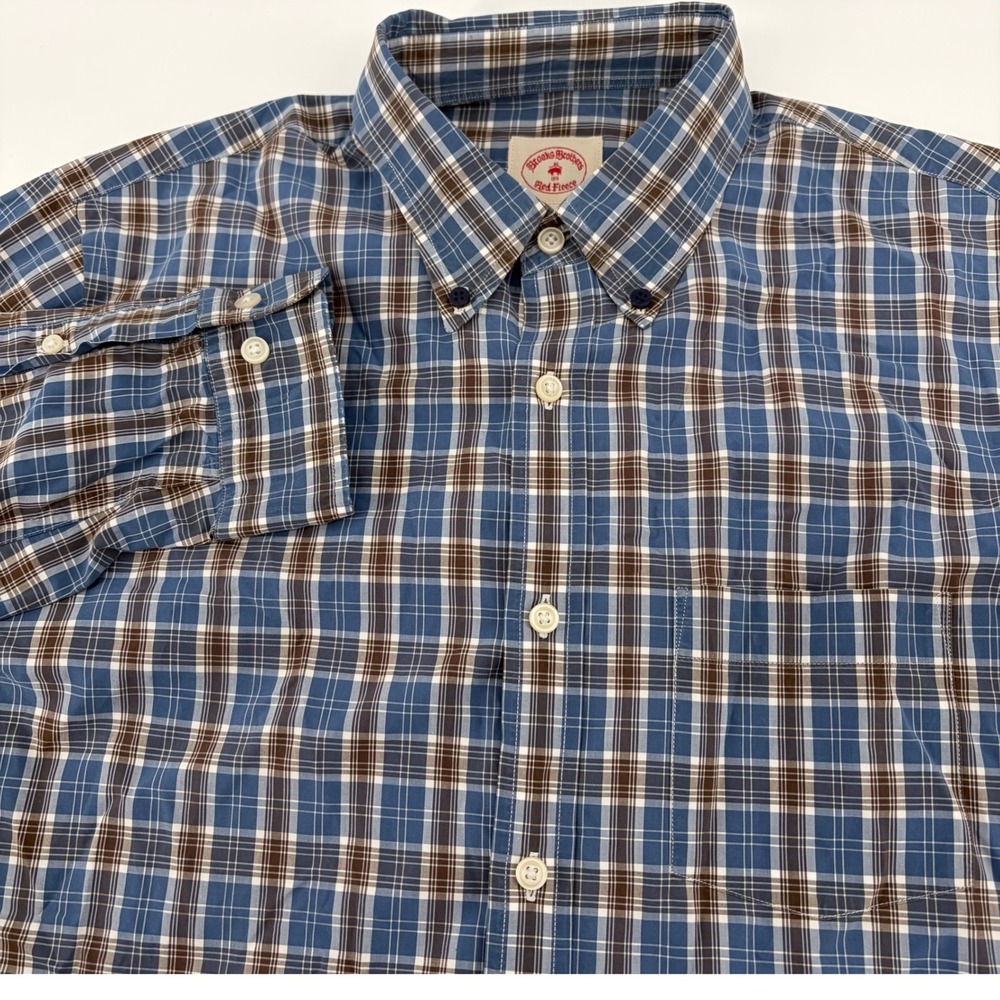Brooks Brothers Red Fleece Mens Blue Brown Plaid Button Down Shirt Long Sleeve L